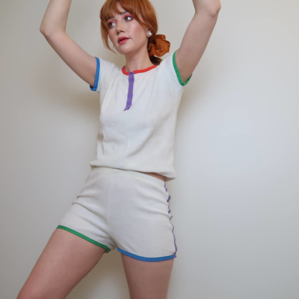 Vintage 70s white terry cloth work out set S